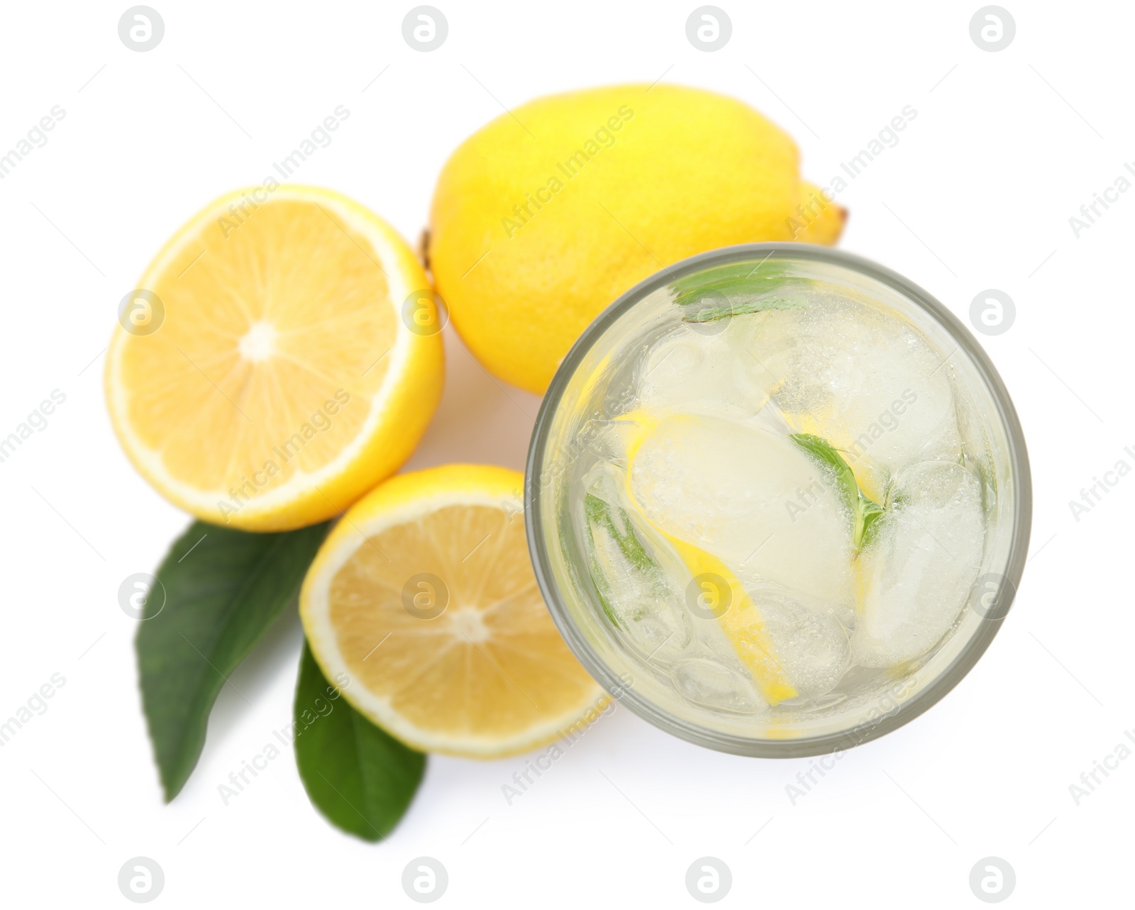 Photo of Cool freshly made lemonade and fruits on white background, top view