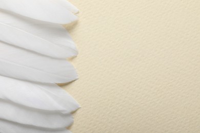 Beautiful white bird feathers on beige background, flat lay. Space for text