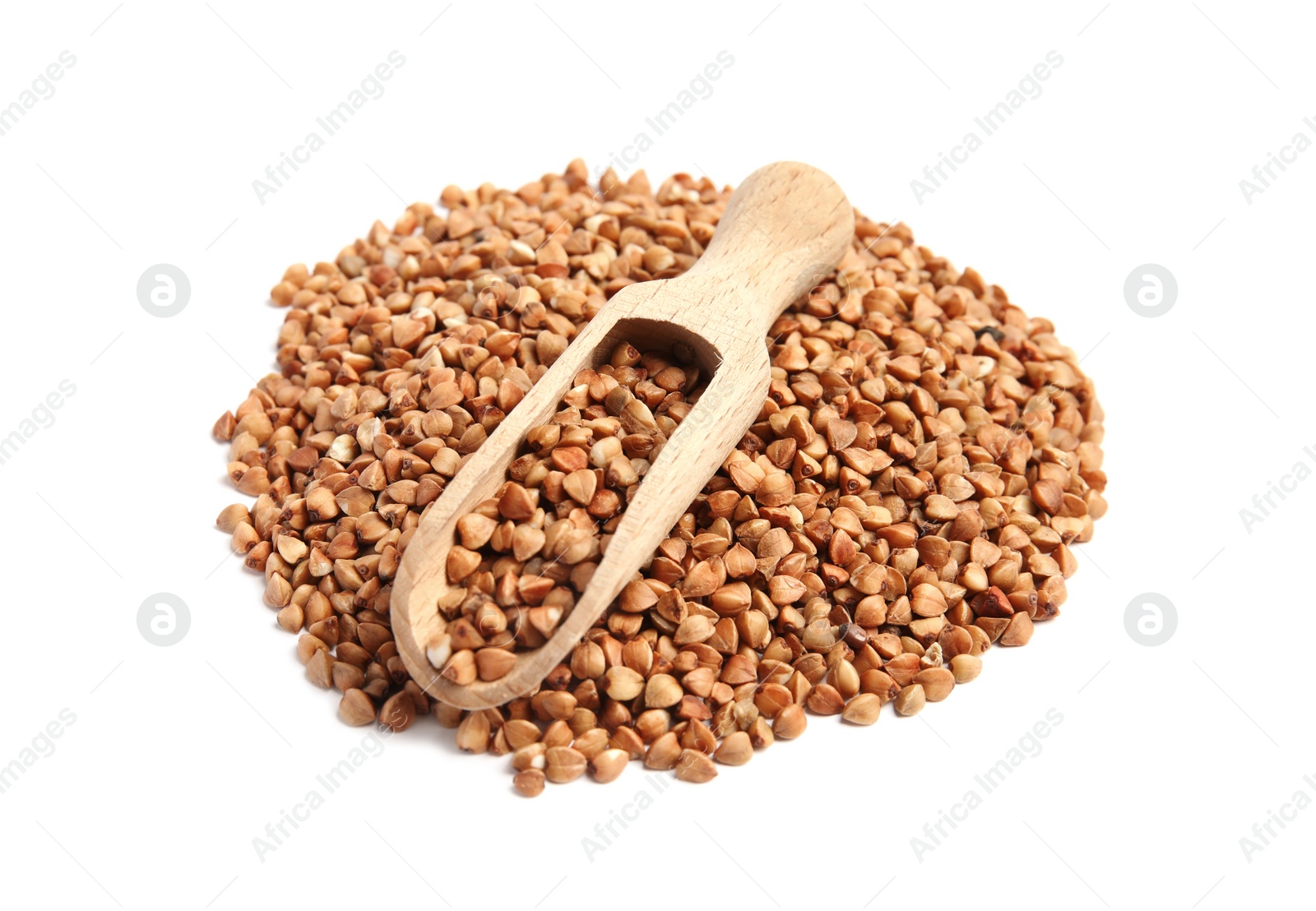 Photo of Scoop and pile of uncooked buckwheat on white background