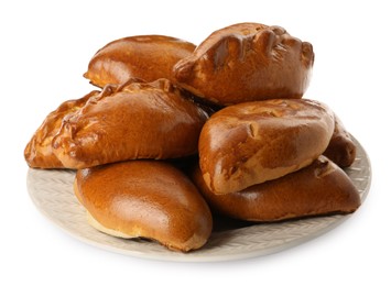 Photo of Plate with delicious baked patties on white background