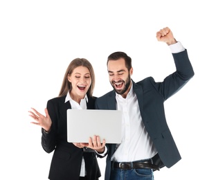 Photo of Emotional young people in office wear with laptop celebrating victory on white background