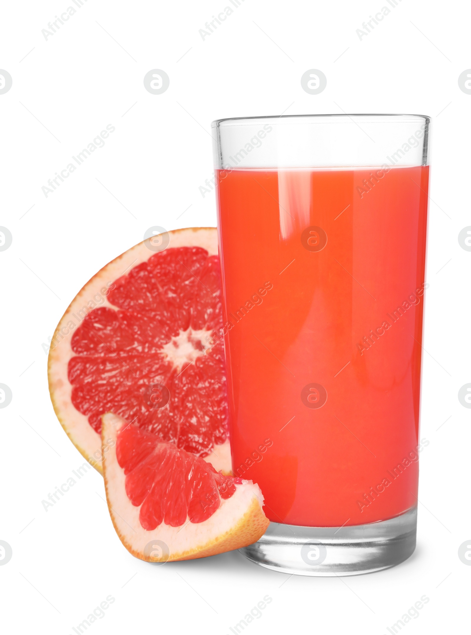 Photo of Tasty grapefruit juice in glass and fresh fruit isolated on white