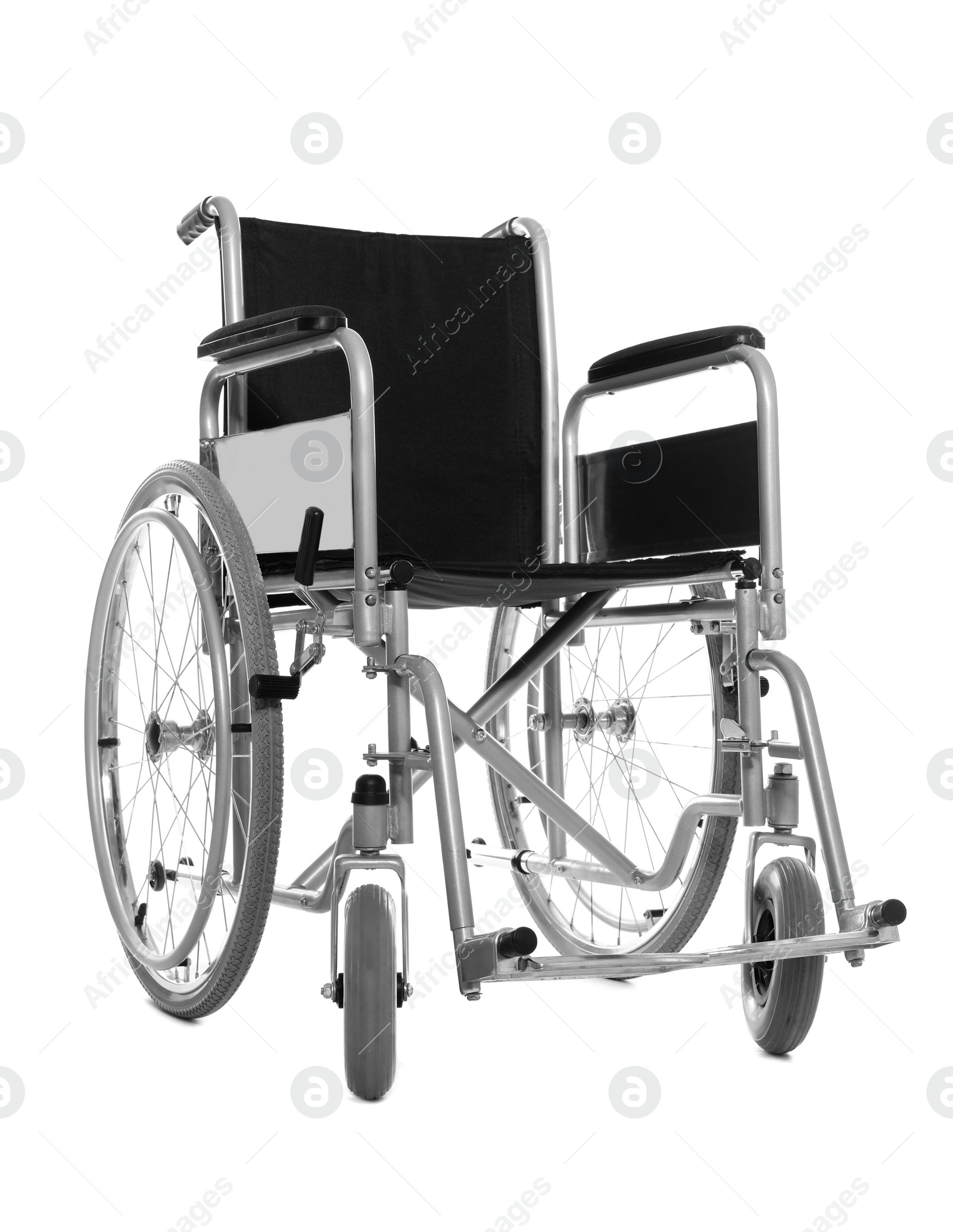 Photo of New modern empty wheelchair on white background