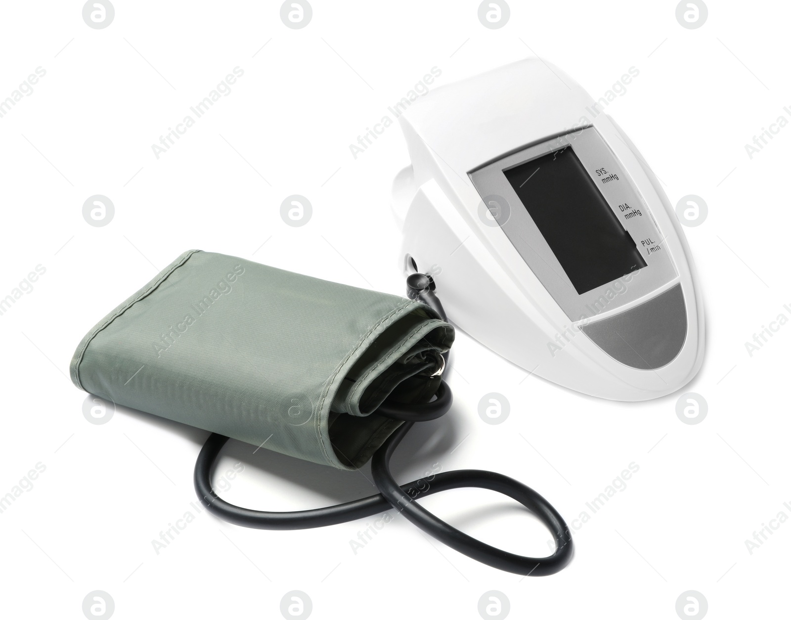 Photo of Modern digital sphygmomanometer for measuring blood pressure and checking pulse on white background
