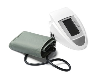 Modern digital sphygmomanometer for measuring blood pressure and checking pulse on white background