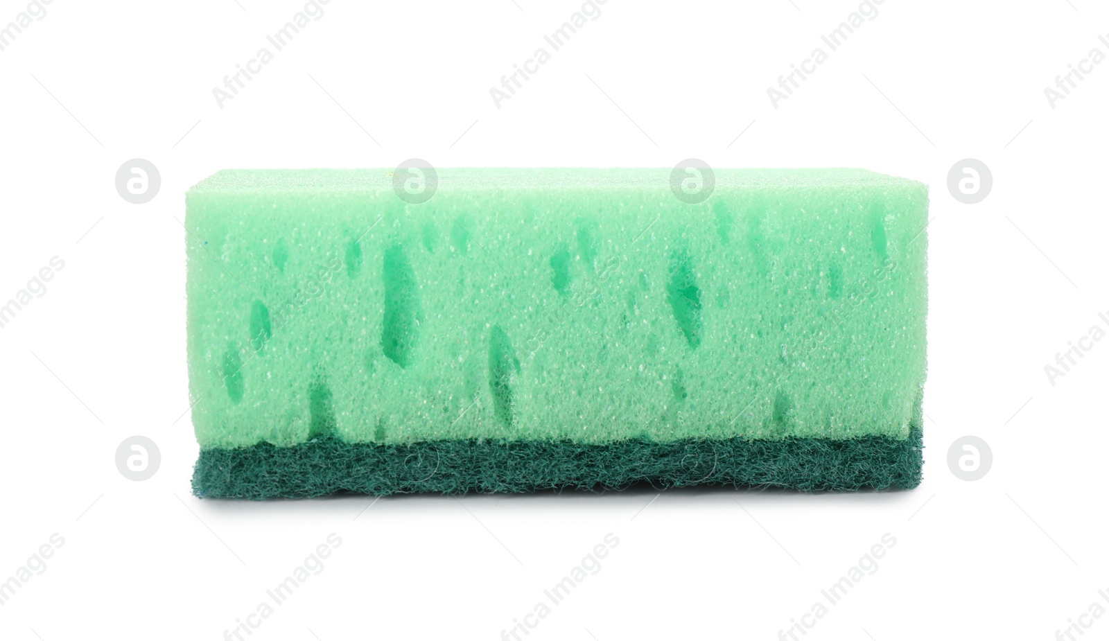 Photo of Green cleaning sponge with abrasive scourer isolated on white