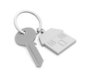 Key with keychain in shape of house isolated on white
