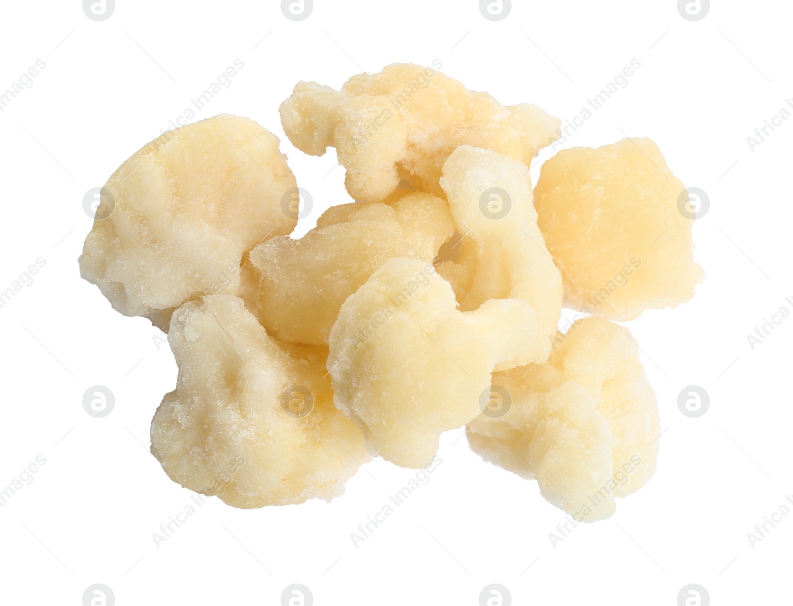 Photo of Frozen cauliflower florets isolated on white, top view. Vegetable preservation