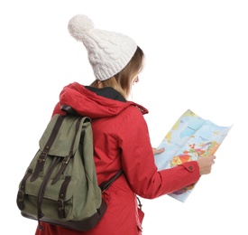 Woman with map and backpack on white background, back view. Winter travel