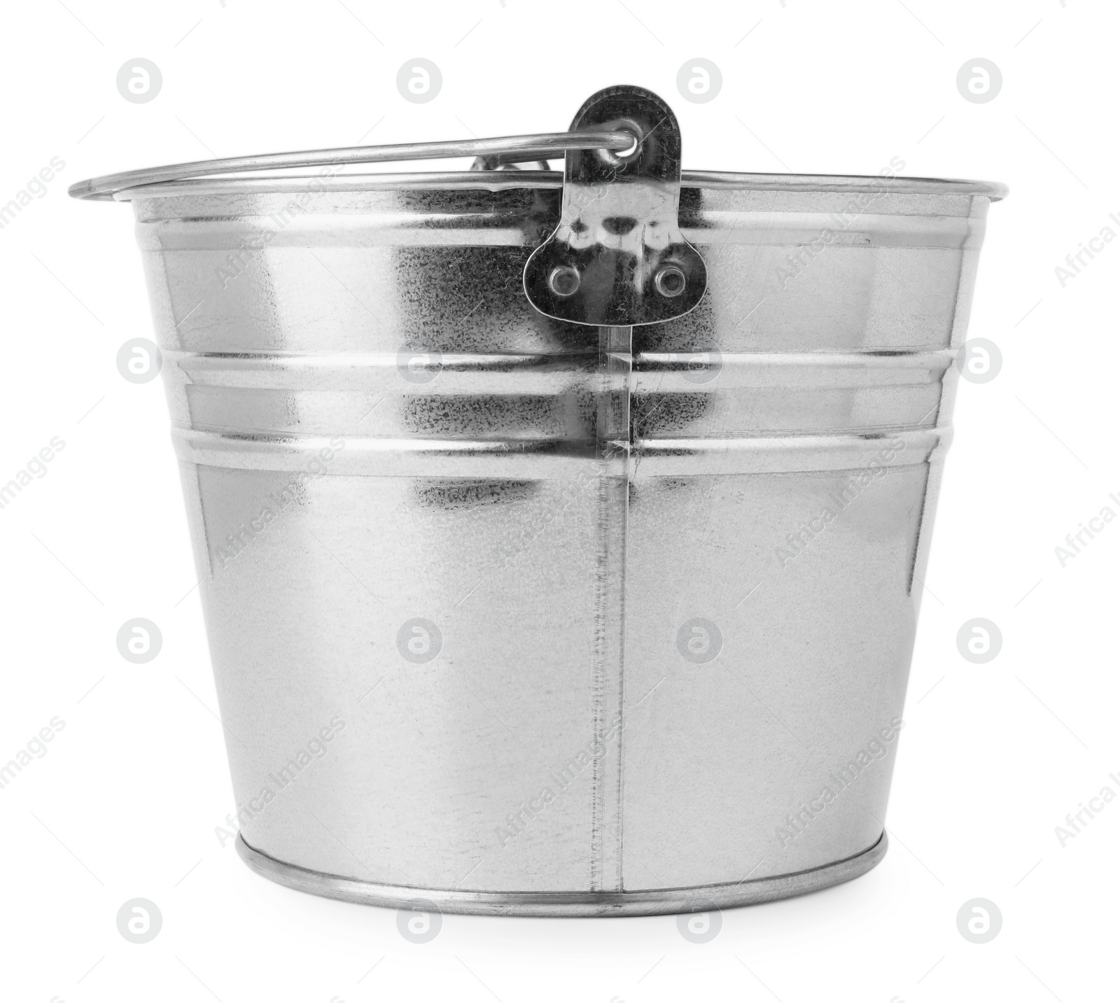 Photo of One shiny metal bucket isolated on white