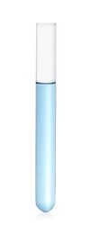 Photo of Test tube with light blue liquid isolated on white