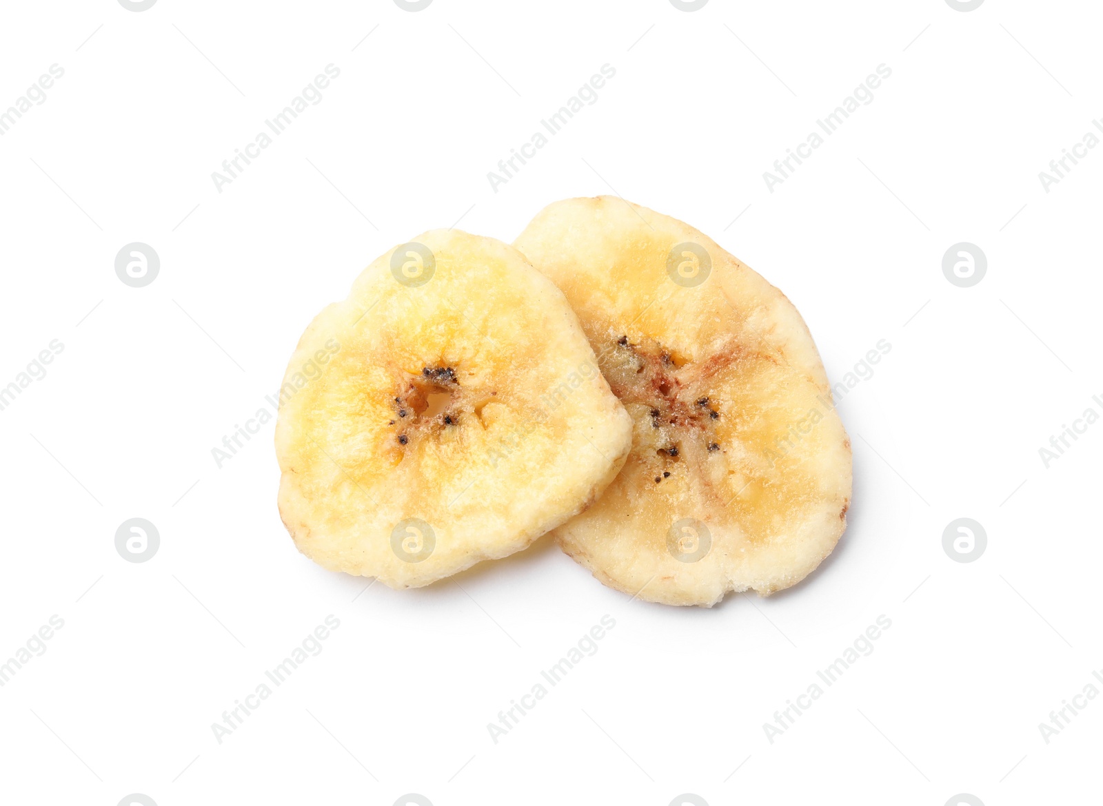 Photo of Sweet banana slices on white background. Dried fruit as healthy snack