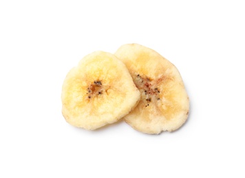Sweet banana slices on white background. Dried fruit as healthy snack