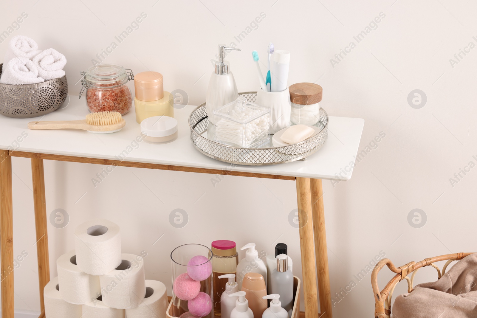 Photo of Different bath accessories and personal care products indoors