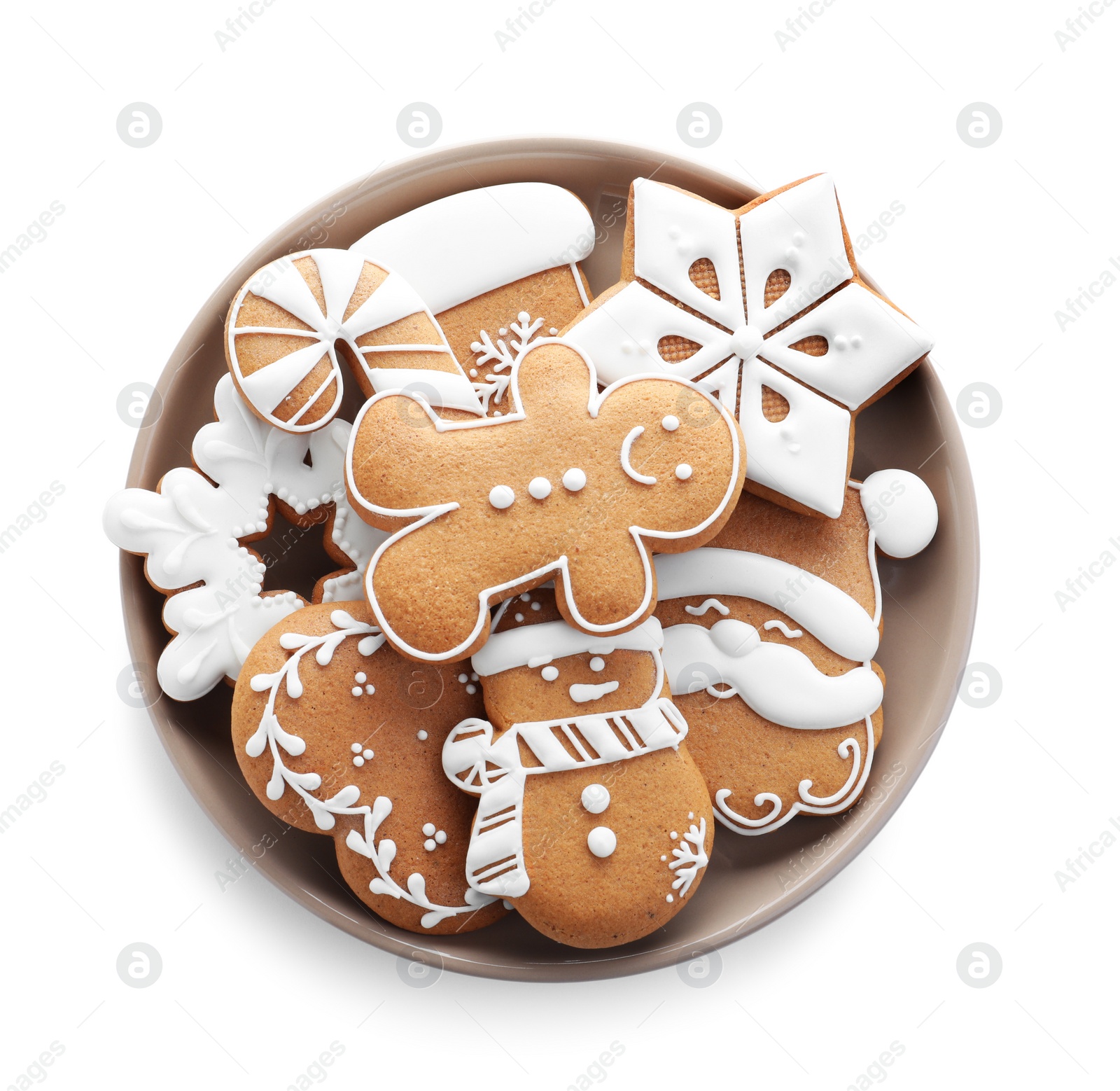 Photo of Delicious gingerbread Christmas cookies on white background, top view