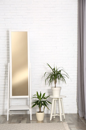 Large mirror and dracaena plants near white brick wall