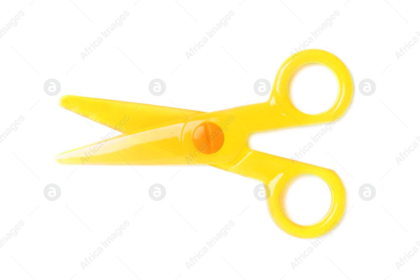 Photo of Colorful plastic scissors on white background. School stationery