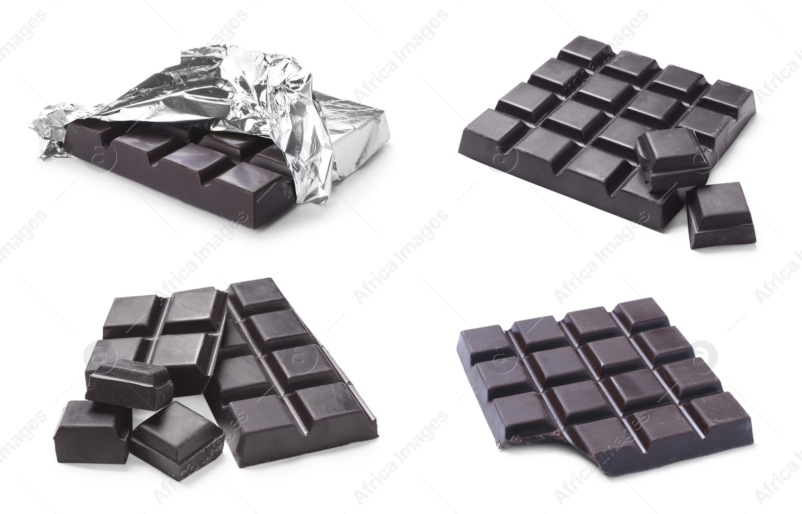 Image of Set with delicious dark chocolate bars on white background