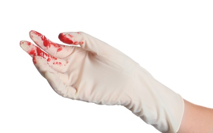 Photo of Doctor in medical glove with blood on white background