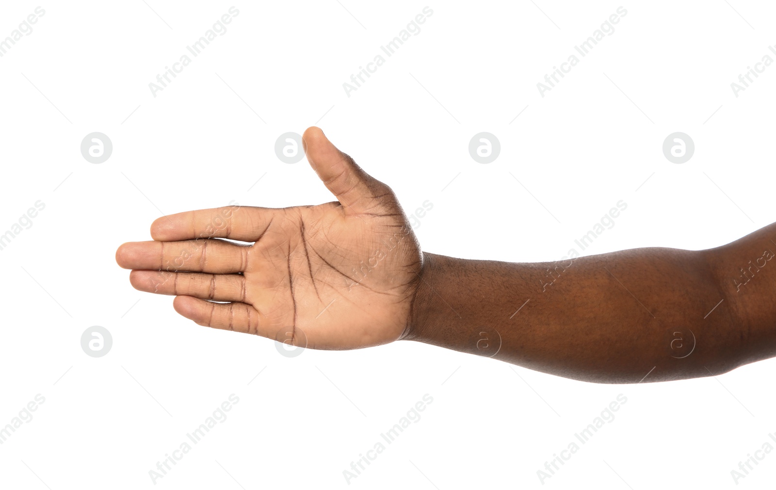 Photo of African-American man extending hand for shake on white background, closeup