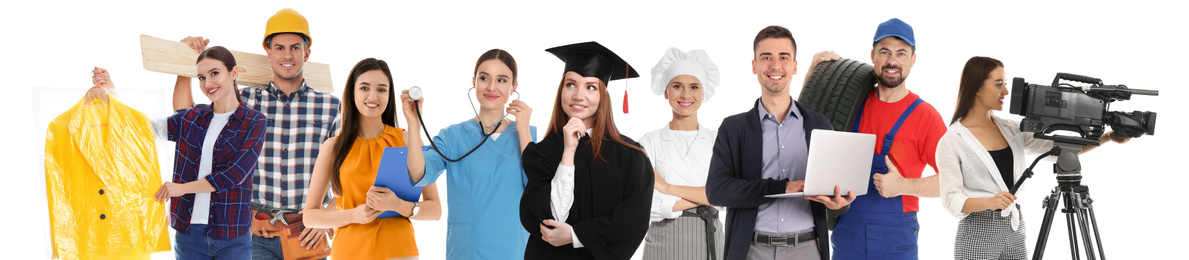 Career choice. People of different professions on white background, banner design