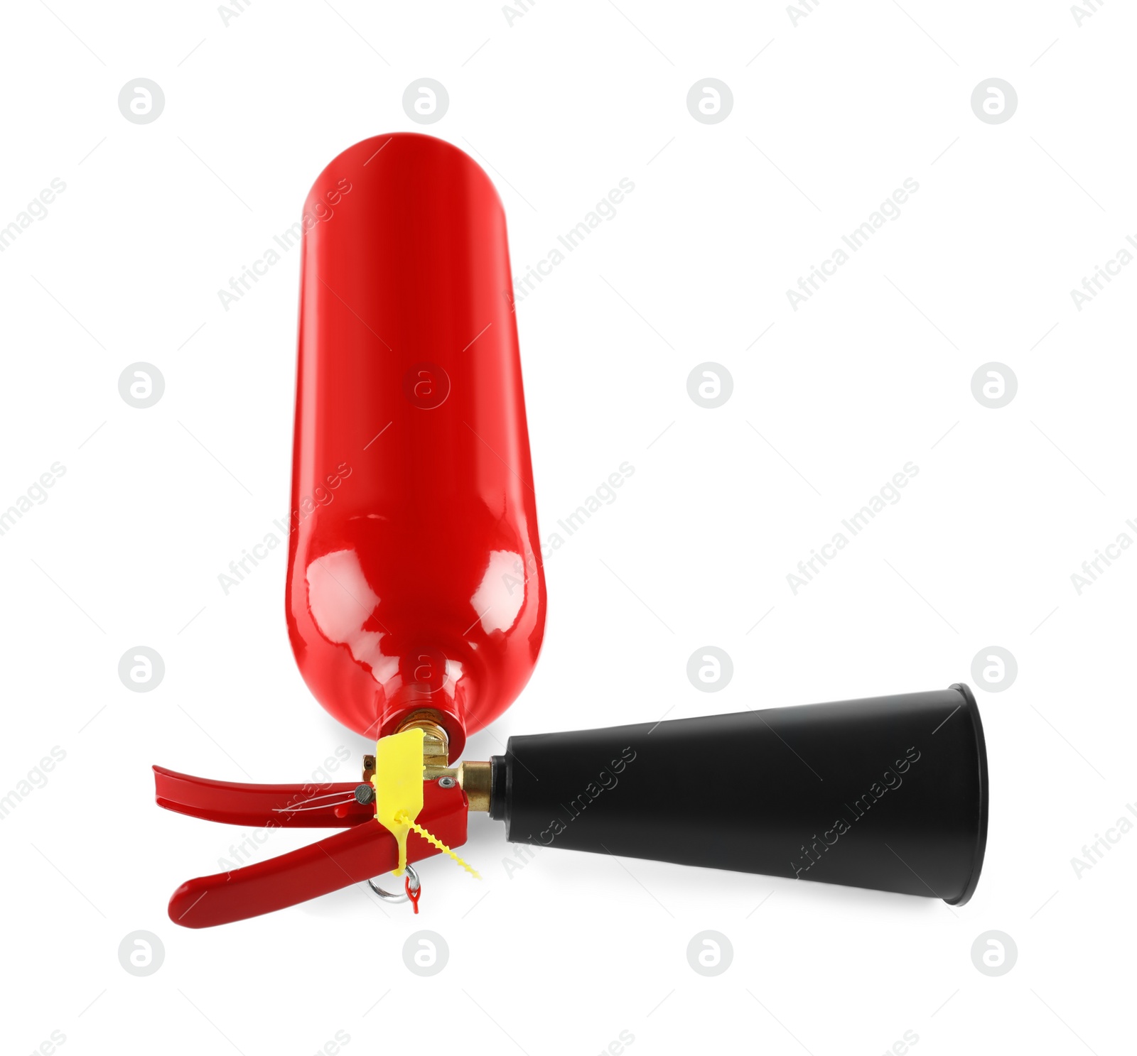 Photo of One red fire extinguisher on white background