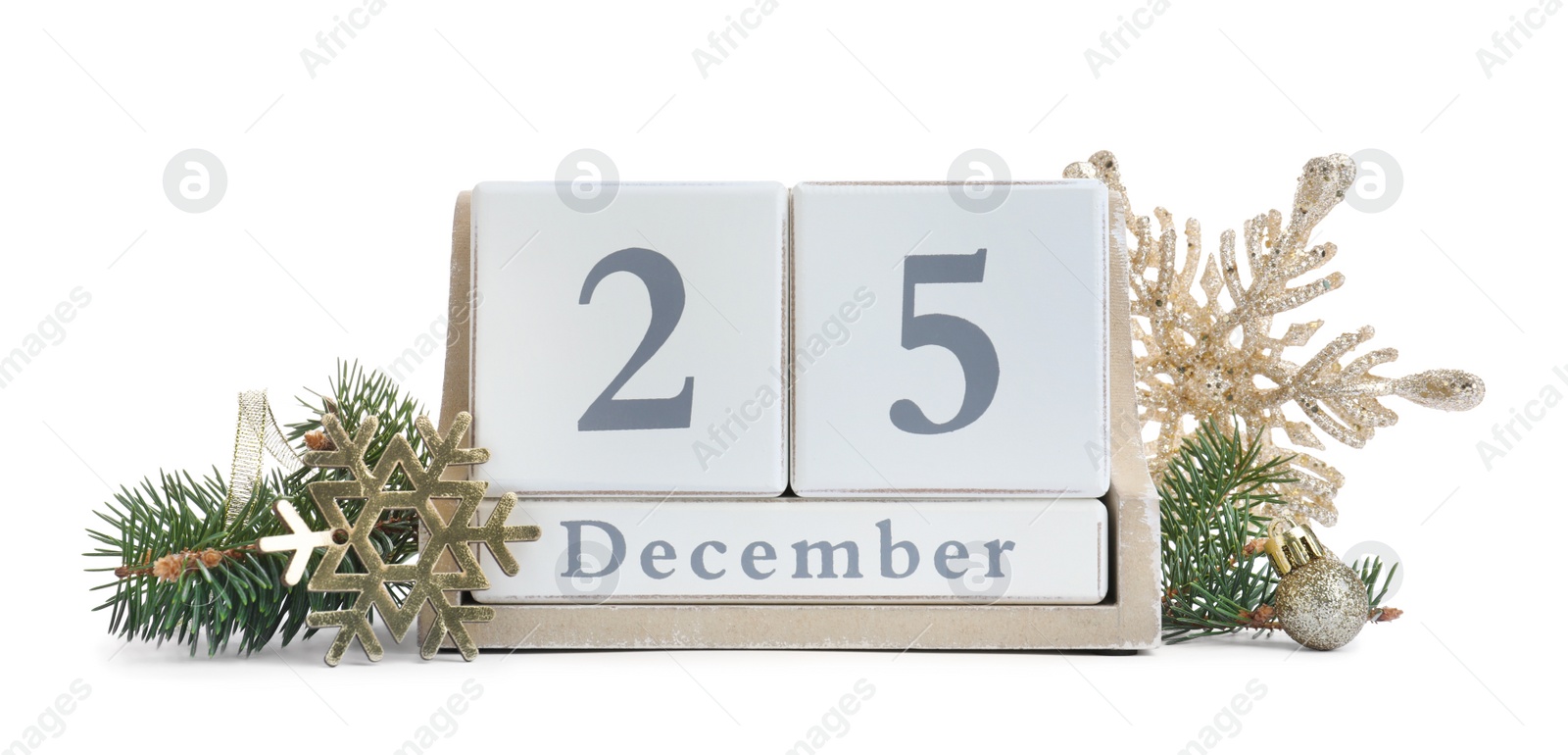 Photo of Wooden block calendar and decor on white background. Christmas celebration