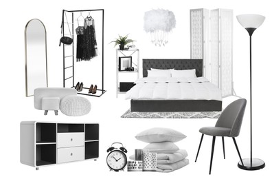 Bedroom interior design. Collage with different combinable furniture and decorative elements on white background