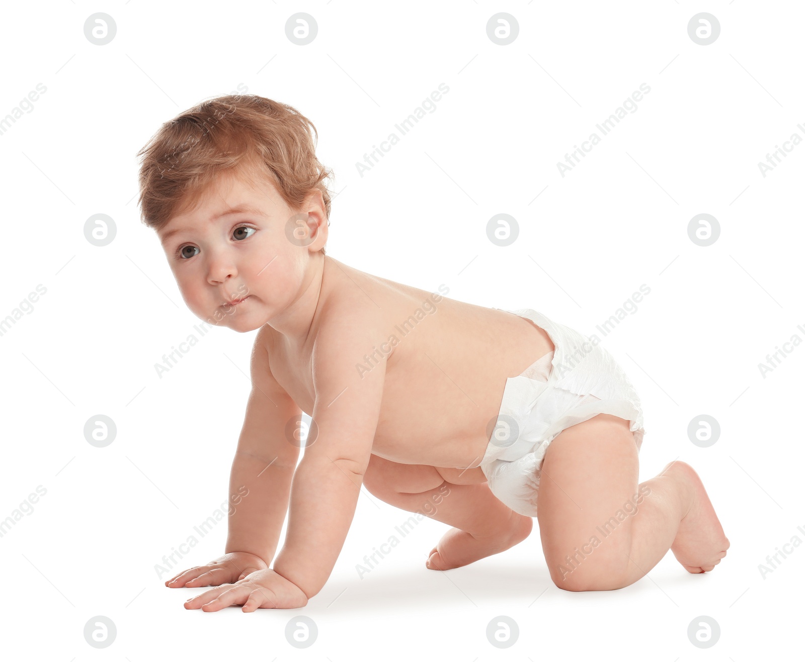 Photo of Cute little baby in diaper on white background