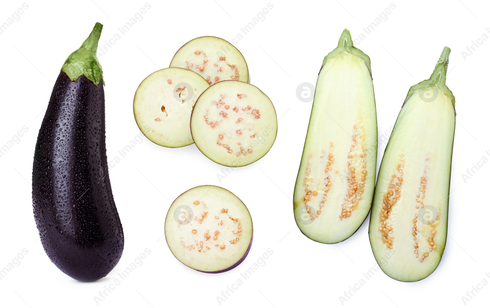 Image of Set of fresh cut and whole eggplants on white background