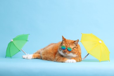 Cute ginger cat in stylish sunglasses resting between beach umbrellas on light blue background