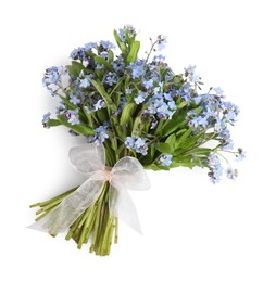 Photo of Bouquet of beautiful forget-me-not flowers on white background, top view. Space for text