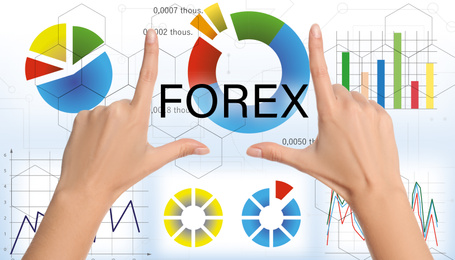 Image of Businesswoman and different charts on background, closeup. Forex trading