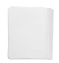 Pile of paper sheets on white background, top view