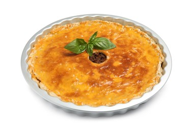 Photo of Delicious pie with minced meat on white background