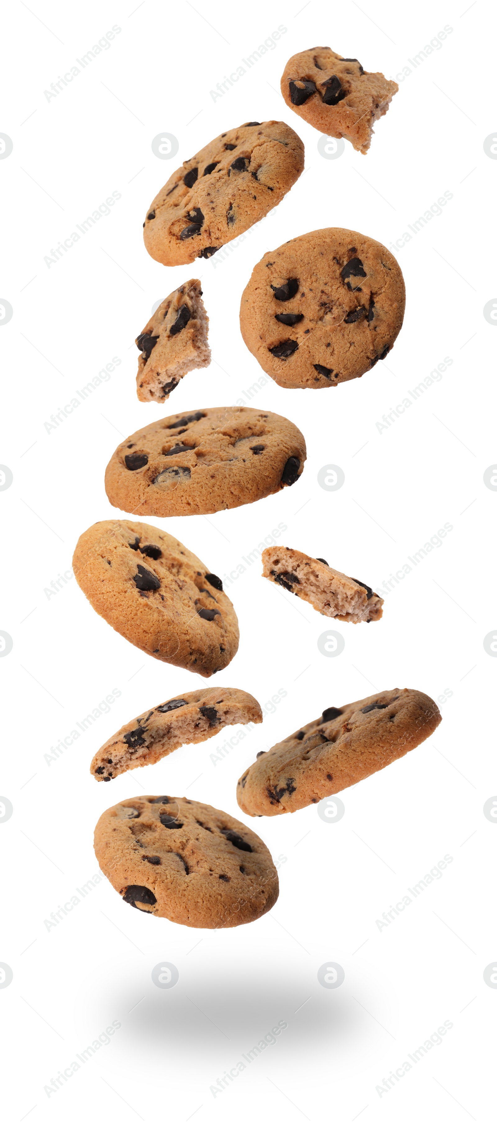 Image of Delicious chocolate chip cookies falling on white background