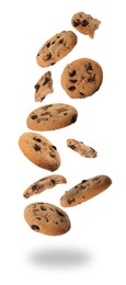 Image of Delicious chocolate chip cookies falling on white background