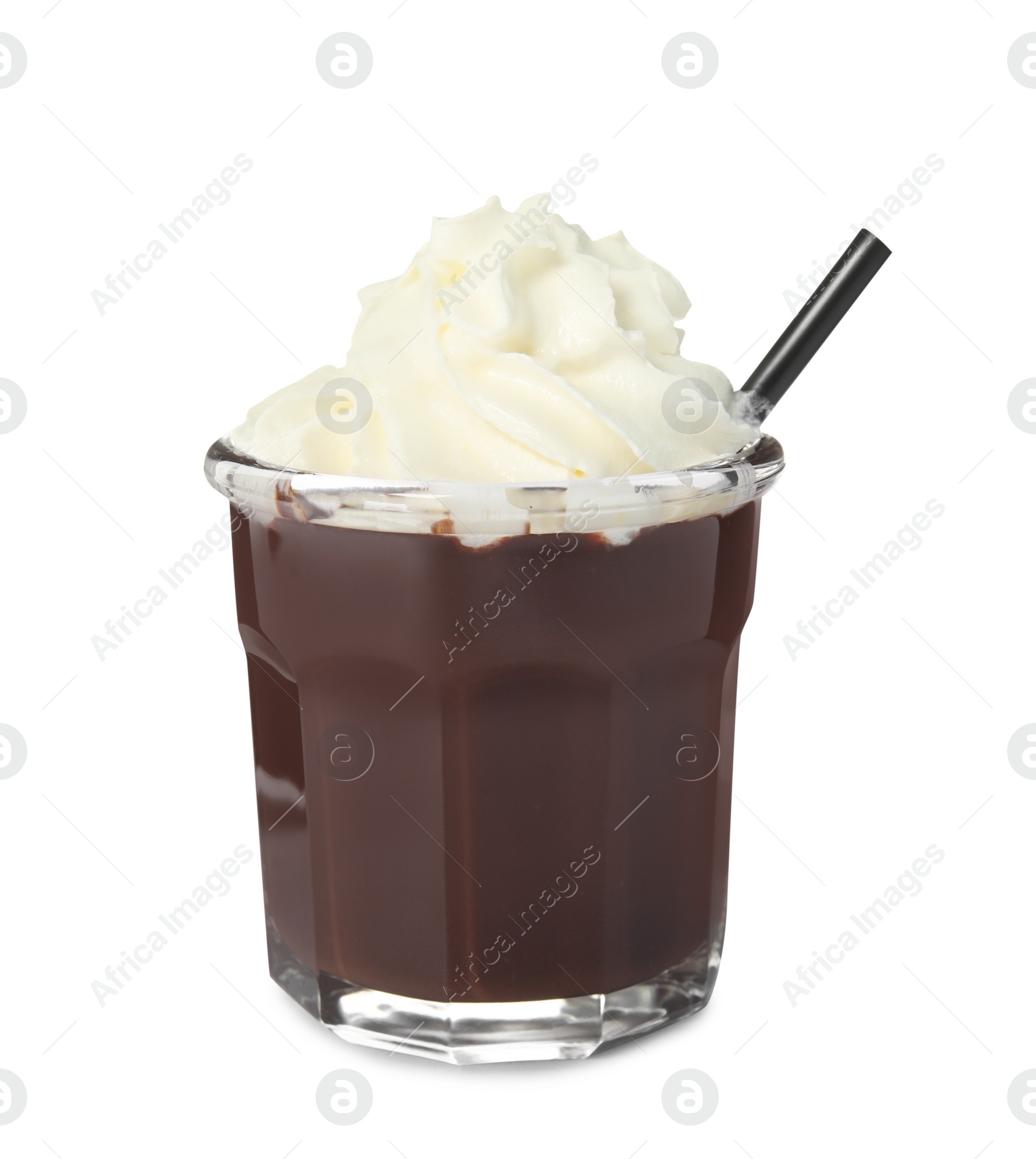 Photo of Glass of delicious hot chocolate with whipped cream isolated on white