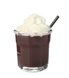 Photo of Glass of delicious hot chocolate with whipped cream isolated on white