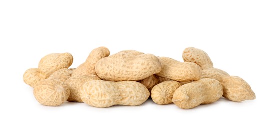 Photo of Pile of fresh unpeeled peanuts isolated on white