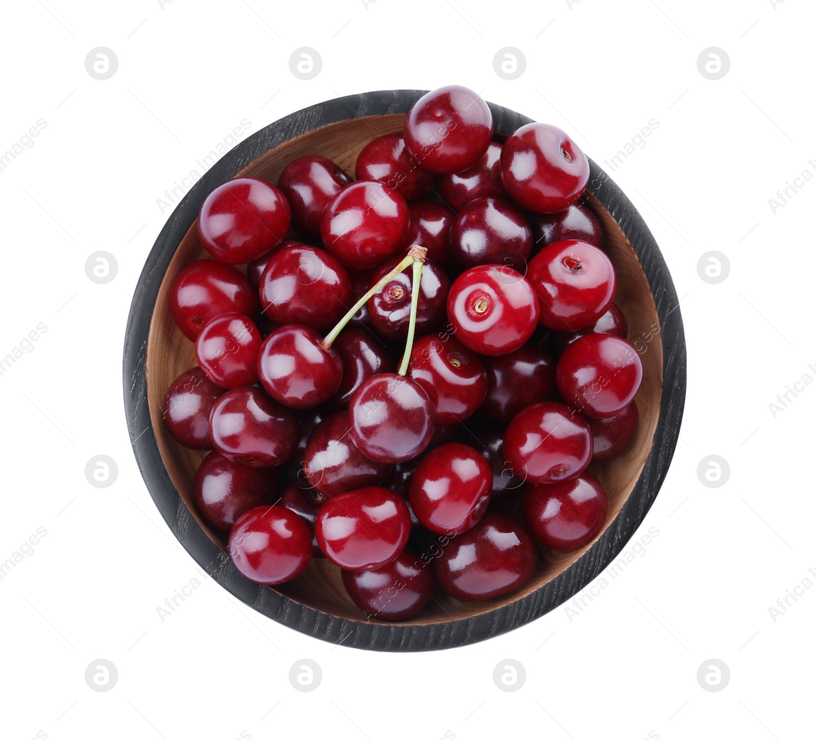 Photo of Sweet juicy cherries in bowl isolated on white, top view