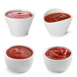 Set of tomato sauce in bowls on white background