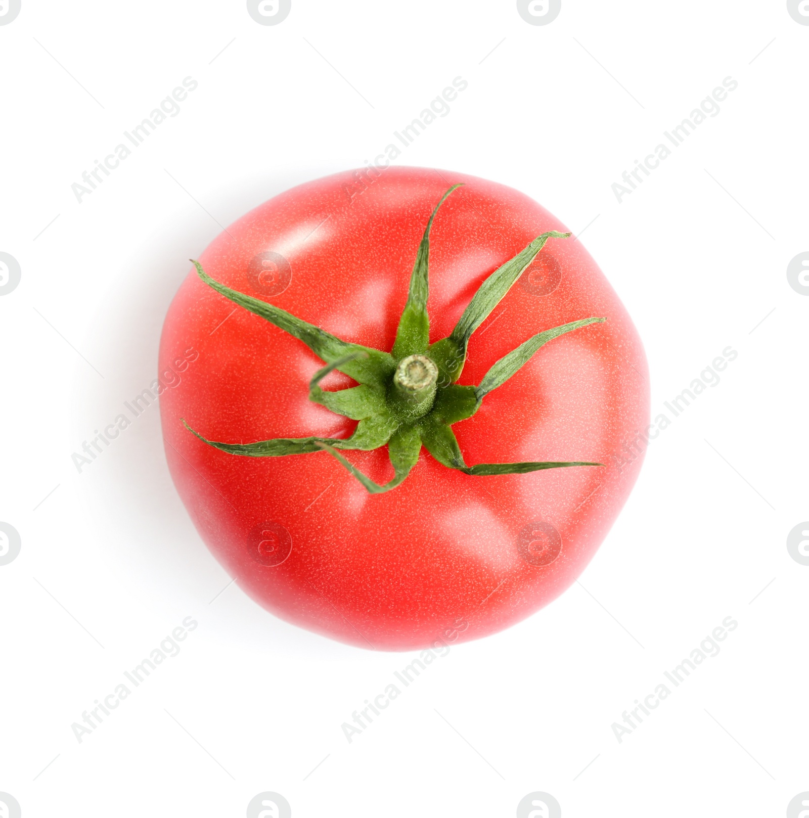 Photo of Fresh ripe organic tomato isolated on white, top view