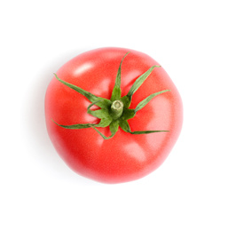 Photo of Fresh ripe organic tomato isolated on white, top view