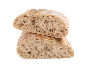 Photo of Cut ciabatta on white background. Fresh bread