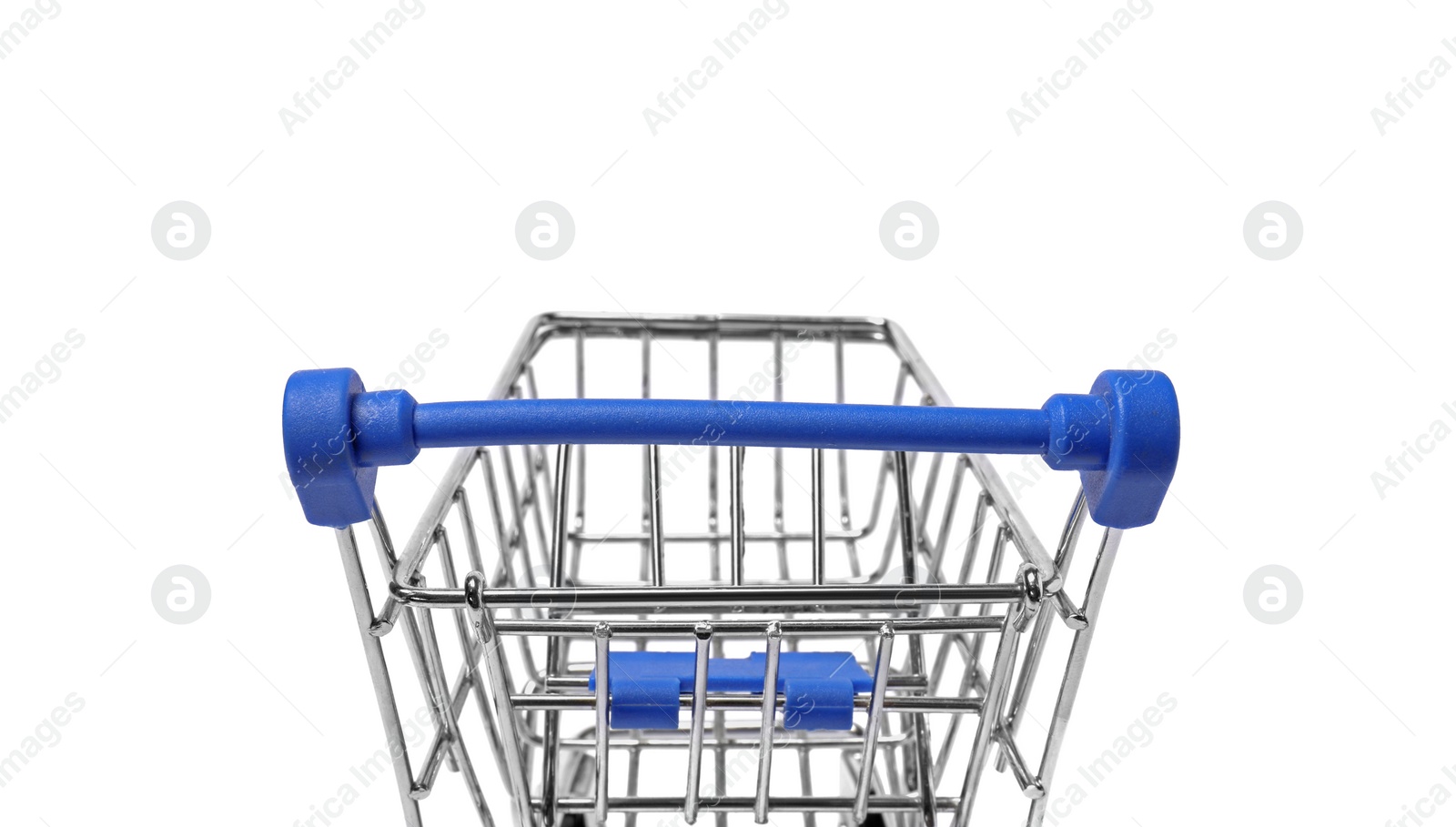 Photo of Empty mini metal shopping cart isolated on white