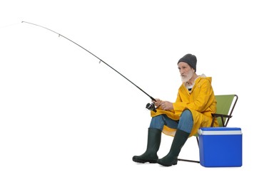 Photo of Fisherman with rod on chair near cool box isolated on white