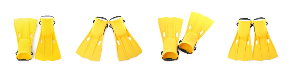 Image of Set with yellow flippers on white background, top view. Banner design