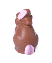 Photo of Chocolate bunny isolated on white, back view. Easter celebration