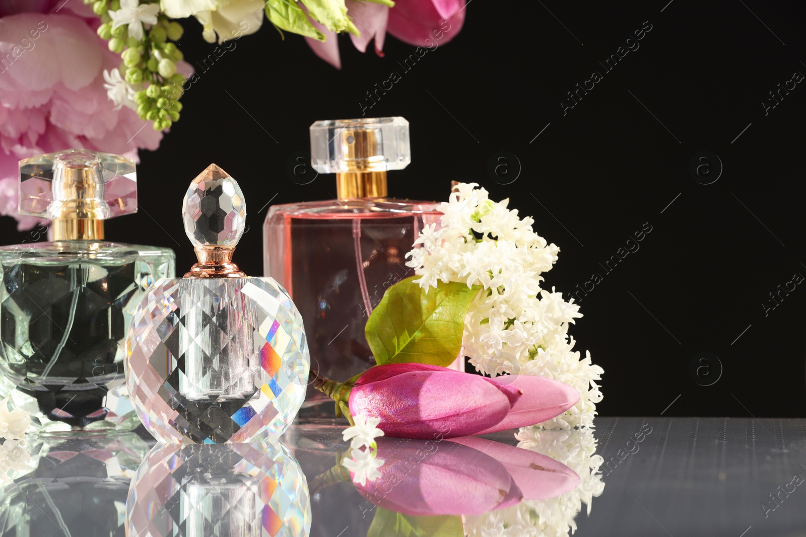 Photo of Luxury perfumes and floral decor on mirror surface against black background. Space for text
